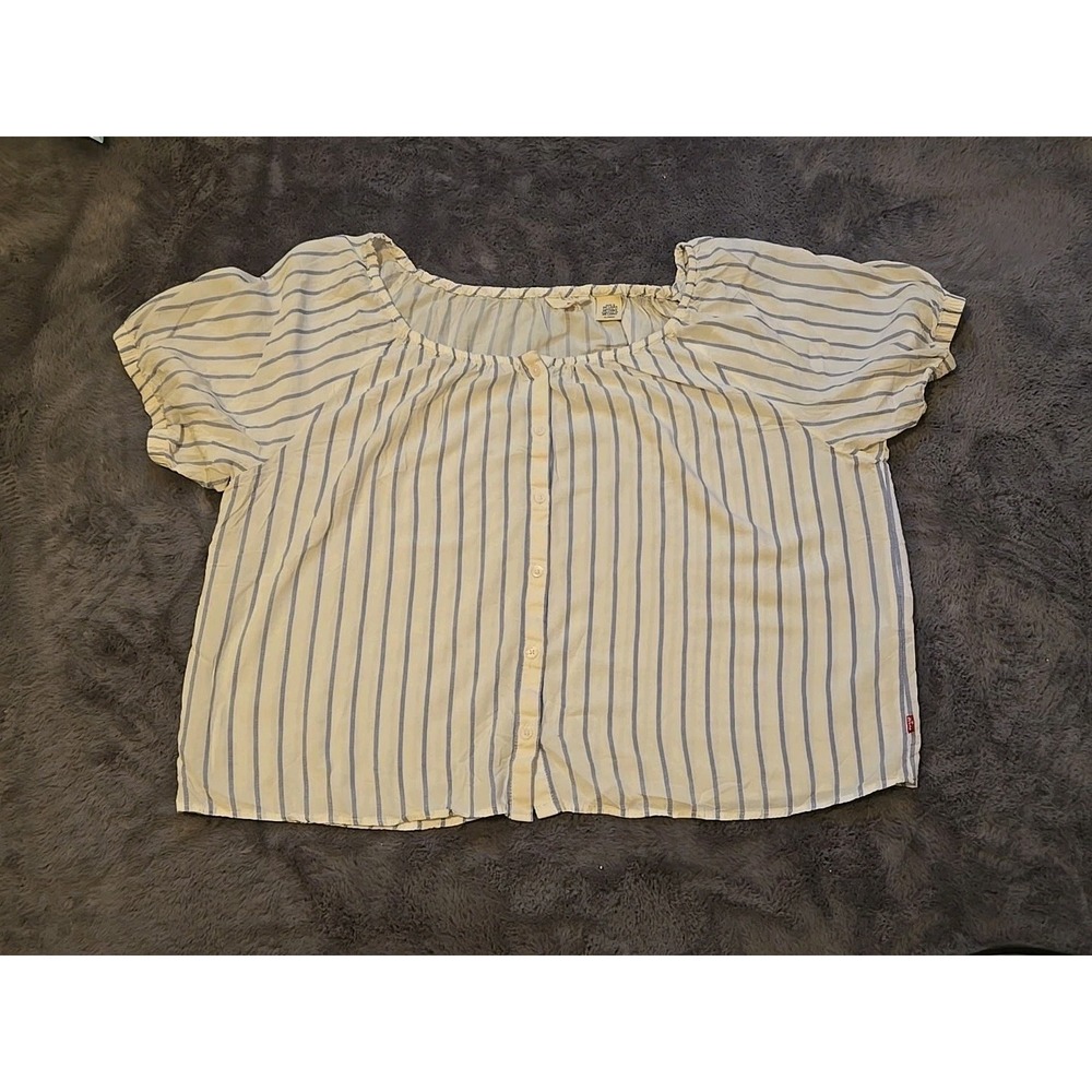 Levi's Blouse‎ Womens XL Short Sleeve Top Blue White Y2K Loose Fit Lightweight